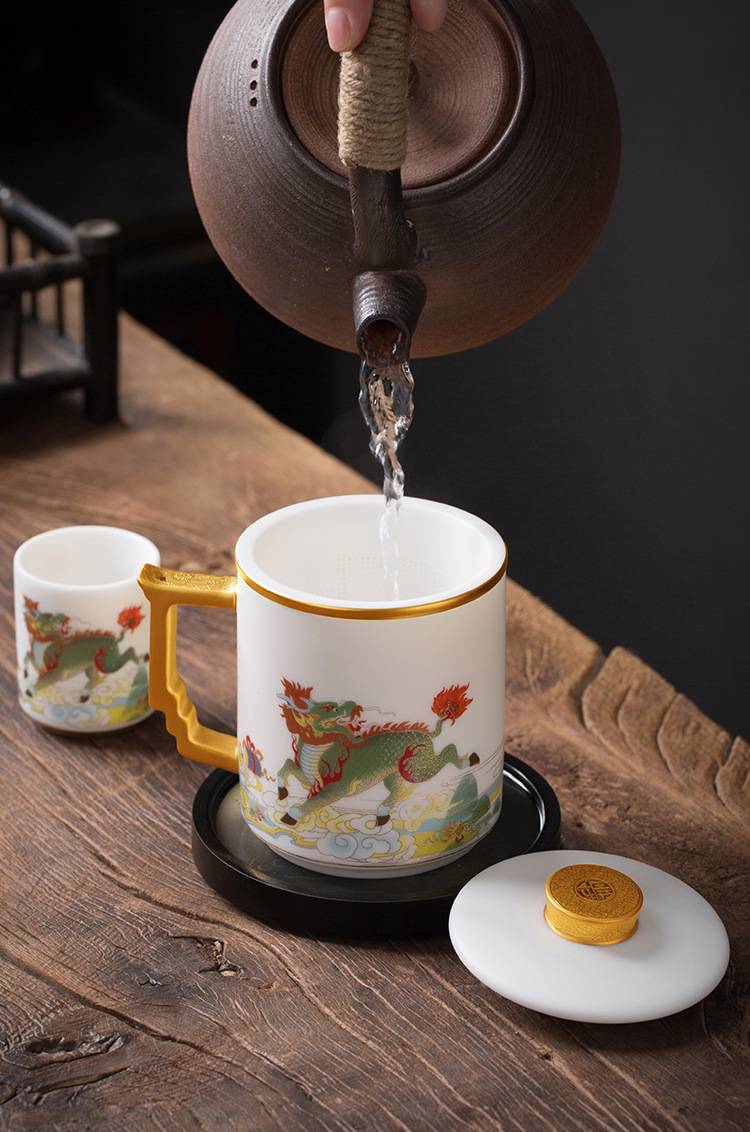 茶器茶水分离羊脂玉白瓷杯子家用带盖办公室陶瓷过滤泡茶杯