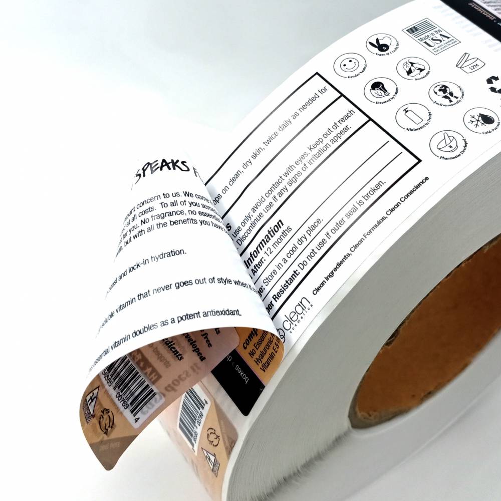 双层化妆品标签三面印刷防水防油高粘可移合成纸不干胶