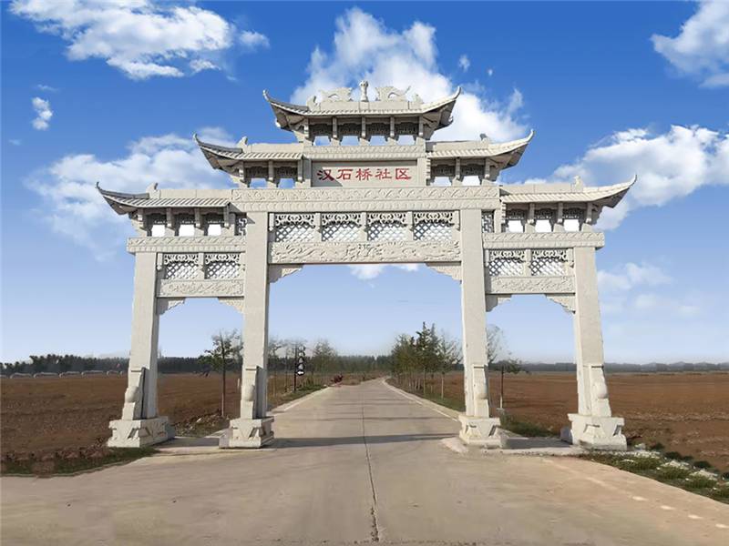 村口石牌坊加工花岗岩村庄牌楼三门五楼农村门楼定制金晖石雕