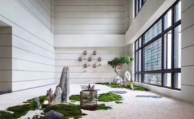 园林静景日式枯山水造景砾石点缀石黑色石头造景案例