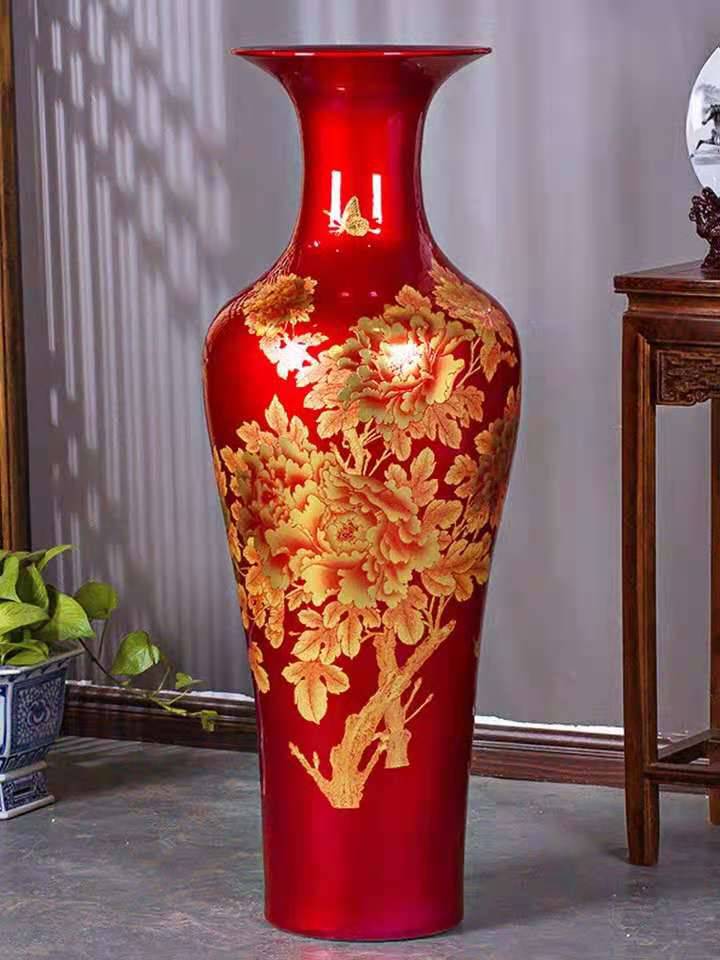 喜庆红色大花瓶批发金色牡丹落地大花瓶图片景德镇花瓶厂