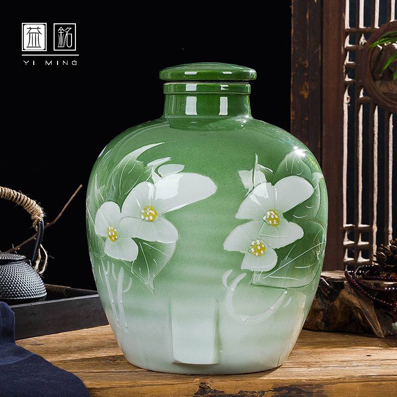 陶瓷酒坛10斤绿釉荷花创意雕刻空酒罐白酒瓶批发