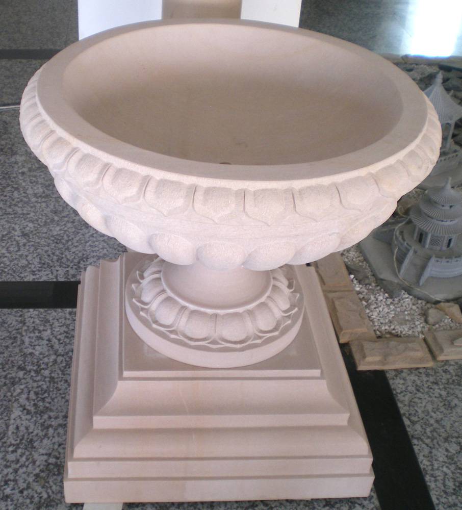 石雕花盆黄锈石花钵喷泉花岗岩圆形花盆广场酒店门口商场装饰摆件