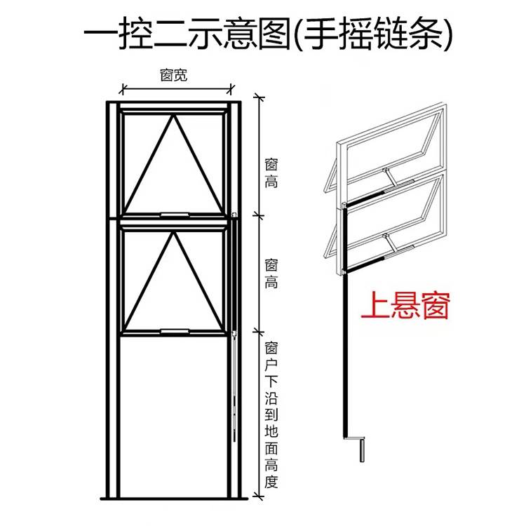 办公楼幕墙悬窗手动开启装置平开窗推拉窗链条式开窗器70度消防排烟窗