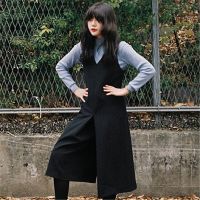 2015韩国ulzzang***春季复古时尚大V领无袖阔腿纯色连体裤裙裤