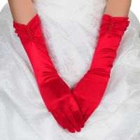 批发供应新娘婚纱礼服手套中国红色/米白有指双排珠缎面厂价直销