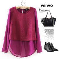 供应【Winvo】原创 女装新款 品牌 出口货 雪纺 拼接 针织 长袖 上衣