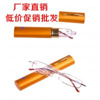 廠家批發(fā) 新款老花鏡 時(shí)尚彩色鋁制筆筒 框架眼鏡金屬老花樹脂彈