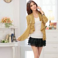 時(shí)尚大碼女裝2014秋季新款韓版百搭荷葉邊雪紡?fù)馓资脚L(fēng)開(kāi)衫胖MM