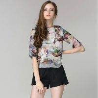 歐洲站2014秋裝新款女裝印花套裝七分袖真絲上衣短褲套裝G015