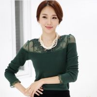 新款韩版女装秋装修身蕾丝加绒打底衫 长袖t恤女大码加绒T恤