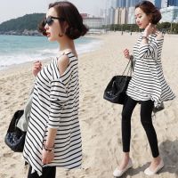 韓國孕婦裝 時(shí)尚露肩條紋韓式孕婦上衣個(gè)性 大碼胖MM女裝孕婦T恤