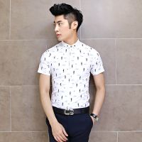 供应14韩版男装夏季新款 男士商务休闲短袖衬衫清新时尚款 短袖衬衫男