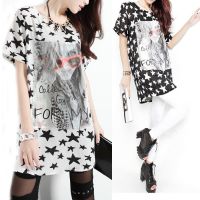 (實(shí)拍)五角星人頭印花寬松女式短袖雪紡衫上衣女長(zhǎng)款夏新款