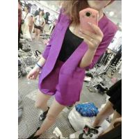 歐洲站 早秋新款套裝 時(shí)尚OL西裝套裝 七分袖純色外套+高腰短褲