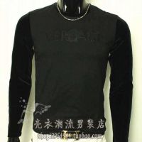 供應(yīng)V家范人頭潮流精品男裝長(zhǎng)袖T恤流行刺繡燙鉆修身拼接打底衫小衫