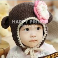 婴幼儿童大花朵编织帽 手工护耳帽 毛线帽 保暖帽2色YM13042