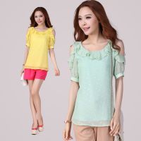 大碼女裝T恤 2014夏裝新款雪紡衫 胖MM純色氣質(zhì)短袖露肩性感上衣
