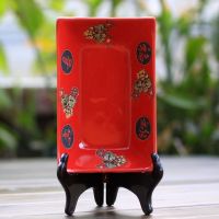 喜庆红花手工6.5''长方色釉陶瓷深盘