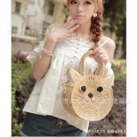 手提斜背貓頭/鄉(xiāng)村風(fēng)情/植物手工藝制品/歐美日韓原單貓咪草編包