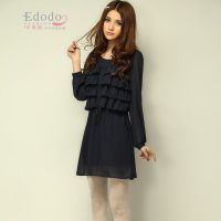 品牌大碼女裝批發(fā) 2014秋季新款韓版荷葉邊層次長(zhǎng)袖雪紡連衣裙