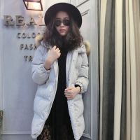 2014冬裝新款韓版女式棉衣中長(zhǎng)款純色長(zhǎng)袖連帽狐貍毛領(lǐng)棉衣外套女