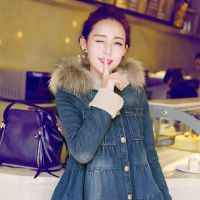 2014秋新款中長(zhǎng)款A(yù)字大裙擺娃娃型連帽毛領(lǐng)單排扣加絨牛仔棉衣女