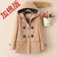 加棉加厚保暖學(xué)院風(fēng)牛角扣毛呢大衣外套連帽寬松女式秋冬新款棉衣