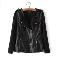 秋冬季歐美女裝批發(fā) 時(shí)尚拼接袖PU皮衣女式圓領(lǐng)皮外套一件代發(fā)