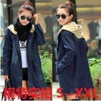 實拍 秋冬新款 牛仔外套女中長款修身顯瘦帶帽女式風衣大碼