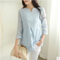 秋裝新款森女系棉麻上衣女夏長(zhǎng)款寬松大碼七分袖娃娃衫襯衫女亞麻