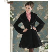 2014秋冬黑色毛毛翻領(lǐng)歐根紗裙擺氣質(zhì)厚毛呢大衣 女式外套