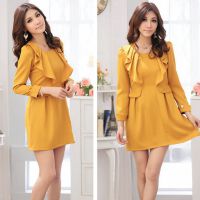 胖MM女裝秋裝長(zhǎng)袖連衣裙 加肥加大圓領(lǐng)OL氣質(zhì)顯瘦荷葉領(lǐng)短裙純色