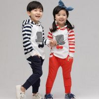 韩版新品14秋季童装男女童可爱条纹帽子卫衣套装儿童纯棉两件套