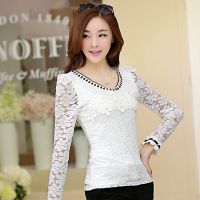 模特實(shí)拍 2014秋裝新款 韓版修身釘珠V領(lǐng)蕾絲衫