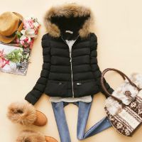 韓版2014秋冬新款女裝連帽毛領(lǐng)微章百搭棉襖棉衣