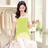 韓版大碼胖mm寬松短袖上衣假兩件拼接雪紡衫女中長(zhǎng)款