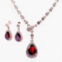 212421新品酒红色水晶新娘套装 ***饰品两件套 水滴耳环项链套装