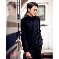 ***男装2015春装皮草拼接 男士卫衣黑色空气层宽松圆领卫衣 Y661