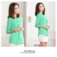 胖MM大碼服裝秋 加肥加大荷葉邊門(mén)襟雪紡麻中袖上衣 特大碼200斤