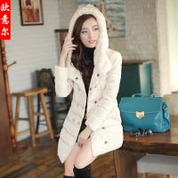 歐意爾 冬季新款通勤連帽真兔大毛領(lǐng)棉衣 時(shí)尚純色中長(zhǎng)款棉服 女