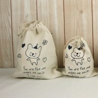韩国旅行可爱小熊小鹿棉麻束口收纳袋 环保棉麻收纳袋 抽绳收纳袋