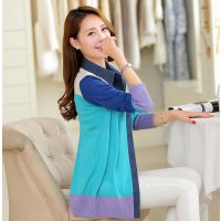 2014秋季新款女装长袖牛仔撞色针织衫女开衫中长款衬衫领毛衣外套