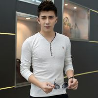 厂家货直销新款T恤男长袖修身时尚秋冬季青年V领 男装免费分销货