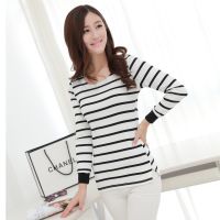 模特實(shí)拍女裝 韓版修身顯瘦長袖***條紋打底T恤衫