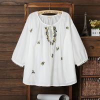 2015夏新品日系小清新绣花宽松圆领胸前系带纯棉短袖衬衫女SLQL-H