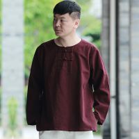 中式休闲民族风夏季促销亚麻圆领手工盘扣男长袖T恤批发