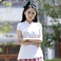 静燃民族风复古中式棉麻斜襟短袖包扣立领衬衣瑜珈服 批发