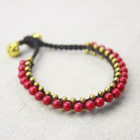 泰国蜡绳编织复古多层红松石铜铃手链 原创泰饰手工民族饰品s0056