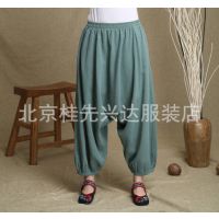 2014鑫典雅秀原創(chuàng)新款素色民族風(fēng)棉麻哈倫褲松緊腰休閑個(gè)性女褲